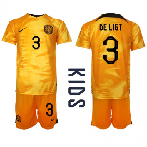 Echipament fotbal Olanda Matthijs de Ligt #3 Tricou Acasa Mondial 2022 pentru copii maneca scurta (+ Pantaloni scurti)